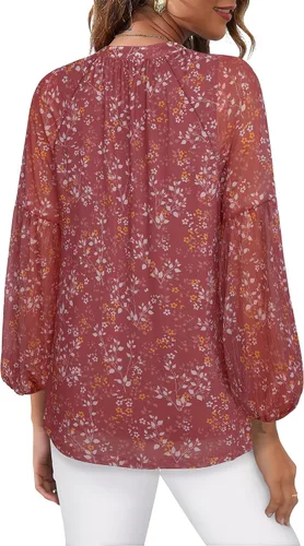Vista 3 de Blusas campesinas para mujer, de manga larga, estilo bohemio, casual, cuello en V, escalonadas