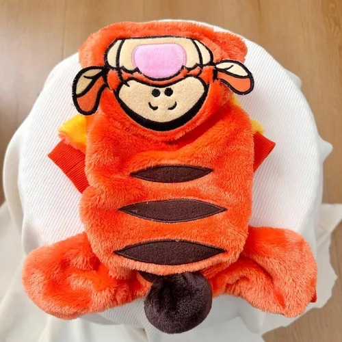 Vista 6 de Disfraz de tigre para perro, ropa de terciopelo suave para perro, sudadera con capucha de invierno, divertido disfraz de Halloween para perros