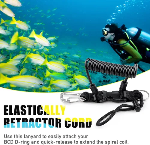 Vista 3 de Buceo bobina Landyard, cordón de acero inoxidable para cámara en espiral con hebilla de metal de liberación rápida