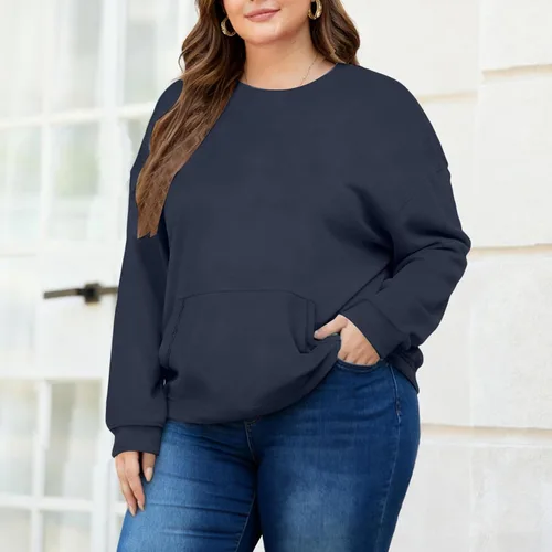 Vista 13 de Sudaderas de talla grande para mujer, sudadera casual de manga larga, color liso, cuello redondo, talla L-6XL