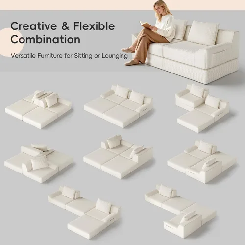 Vista 5 de Sofá cama convertible, sofá de 79 pulgadas sin huesos, sofá cama de corduroy, sofá chaise doble extragrande, futón en nube, sofá modular de piso