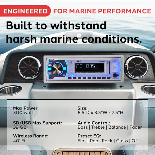 Vista 4 de Pyle Marine Bluetooth Estéreo Radio - Sistema de Receptor de Radio para Barco de 12v Estilo DIN Único en el salpicadero con Micrófono Integrado, LCD
