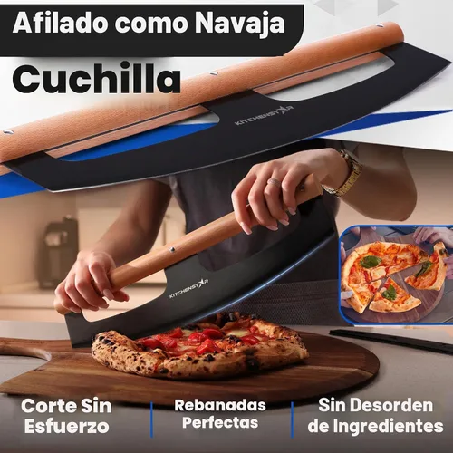 Vista 3 de KitchenStar Cuchilla de corte de pizza de 16 pulgadas, cuchillo cortador de acero inoxidable afilado, elegante mango de madera de haya, cubierta