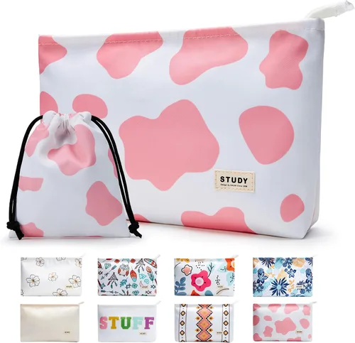 Vista 13 de WLLWOO - 2 bolsas de maquillaje de pana con cara sonriente, bolsa de cosméticos con cremallera interior impermeable, estuche para lápices, monedero