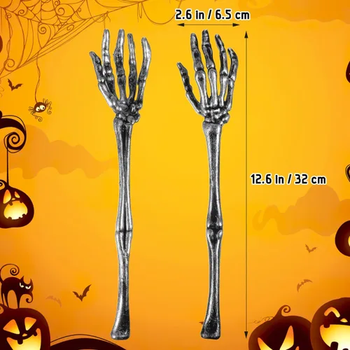 Vista 2 de Luxshiny Juego de pinzas de ensalada de garra de esqueleto, 2 utensilios de cocina plateados de Halloween para fiestas espeluznantes y decoraciones