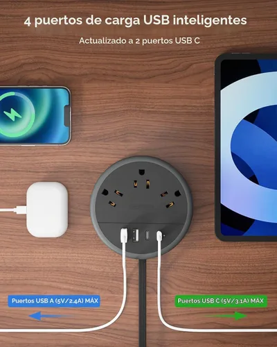 Vista 2 de NTONPOWER - Cable de extensión de enchufe plano, regleta de alimentación de viaje con 2 USB C y 3 tomas 4 puertos USB, cable de extensión plano de 4