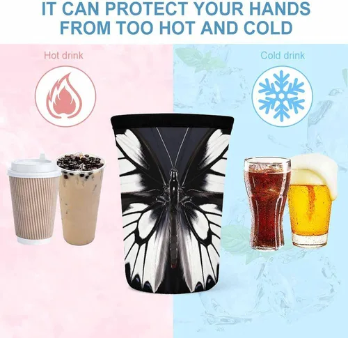 Vista 4 de Black White Butterfly Reusable Insulated Neoprene Iced Coffee Cup Sleeves 3 Sizes Diving Material Cup Durable Beverage Covers for Cold Coffee Tea