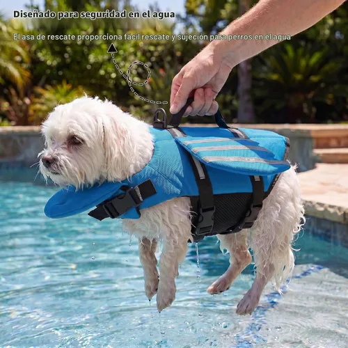 Vista 3 de Petglad Chaleco salvavidas para perro, chaleco salvavidas ajustable con alas lindas con flotador de barbilla y asa, para nadar, navegar, chaleco Azul