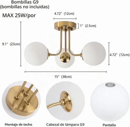 Vista 2 de Lámpara de techo moderna semiempotrada de 3 luces, pantalla de vidrio blanco globo, lámpara de techo semiempotrada, candelabros Sputnik