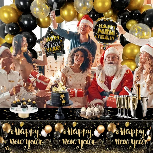 Vista 4 de NEY Party Supplies 2026 Decoraciones 2026 Feliz Año Nuevo con fondo negro dorado, mantel, globos grandes de aluminio, látex, globos de confeti