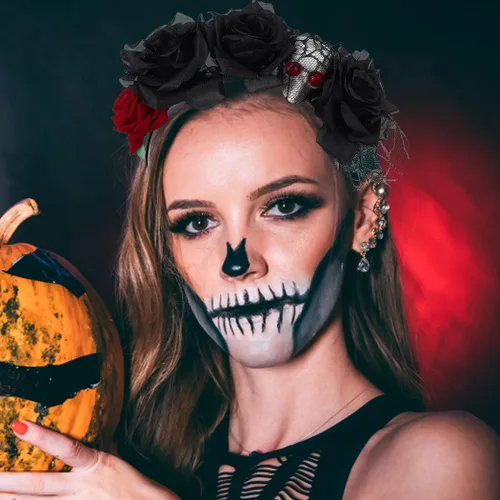 Vista 7 de Diadema de Halloween con diseño de rosas y flores, diadema para el Día de los Muertos, velo negro, diadema para mascarada, disfraz de festival