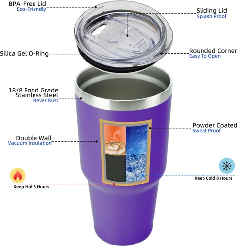 Vista 2 de BJPKPK - Vaso de 30 onzas con tapa y popote, vaso aislado de acero inoxidable Púrpura-30oz