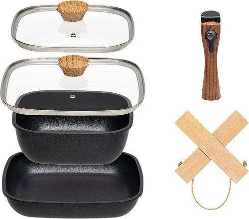 Vista 9 de IRIS USA Sartenes antiadherentes de aluminio fundido con asas extraíbles y salvamanteles de madera plegables, juego de utensilios de cocina de 6