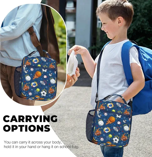 Vista 2 de Clastyle Bolsa de almuerzo deportiva con aislamiento de grafiti para niños, bolsa térmica grande para niños, color azul, picnic, escuela, lonchera