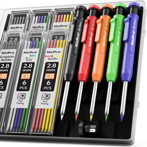 Vista 12 de Nicpro Lápiz de carpintero con sacapuntas, juego de lápices mecánicos con 26 recambios, marcador de agujeros profundos para construcción, Negro