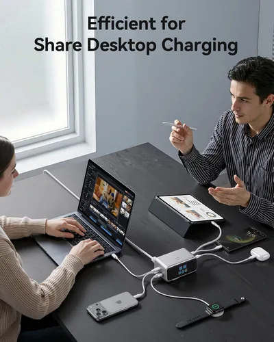 Vista 13 de MOKiN Estación de carga de escritorio, estación de carga USB C retráctil de 200 W y 6 puertos para múltiples dispositivos, accesorios de escritorio