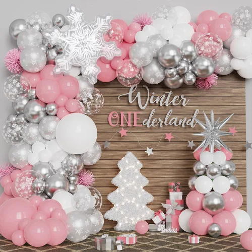 Vista 6 de Kit de Guirnalda de Arco de 140 Globos de Hielo y Nieve, Globos de Látex Azul, Plateado y Blanco con Globo de Copo de Nieve de Aluminio Transparente