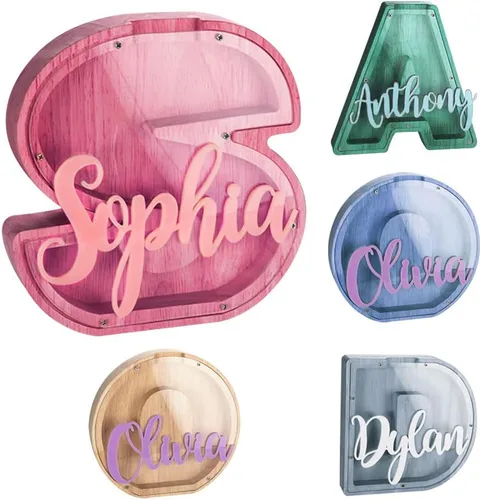 Vista 8 de callie Hucha personalizada con múltiples fuentes con texto multicolor grabado, caja de dinero personalizada de madera con inicial para niños