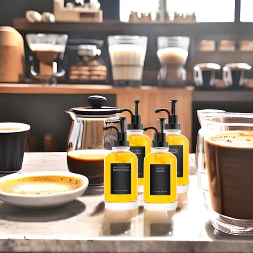 Vista 2 de Joyfulmap 4 dispensadores de jarabe de café, dispensador de bomba negro con botellas para accesorios de cafetería, botella de café de vidrio