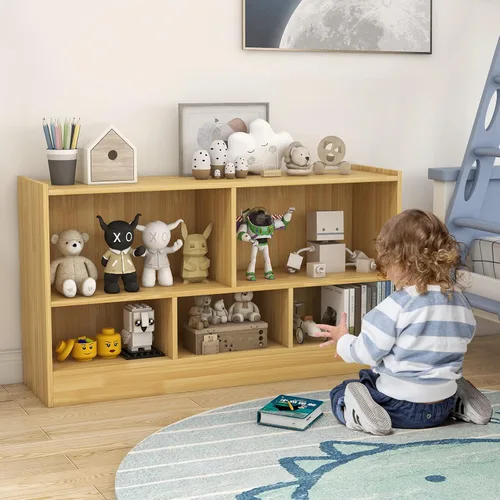 Vista 9 de MEDIMALL Organizador de almacenamiento de juguetes para niños de 5 cubos, estante de almacenamiento de madera de 2 niveles para libros y juguetes