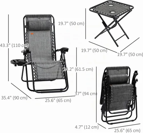 Vista 5 de Outsunny Juego de sillas Zero Gravity con mesa auxiliar, portavasos, gris