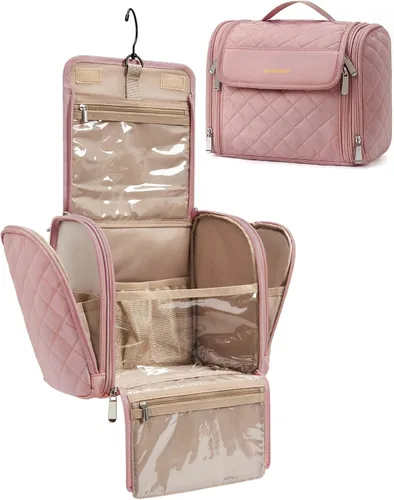 Vista 16 de BAGSMART Neceser de viaje para maquillaje con gancho para colgar, bolsa de cosméticos, organizador de gran capacidad, resistente al agua, para Beige