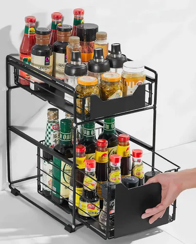 Vista 3 de Cesta deslizante de 2 niveles para gabinete con cajón deslizante debajo del fregadero, estante de almacenamiento para encimera de cocina, despensa