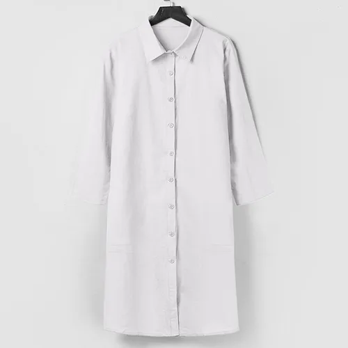 Vista 7 de ZEFOTIM Vestido de lino para mujer 2023 de manga larga, casual, con botones, holgado, con bolsillos