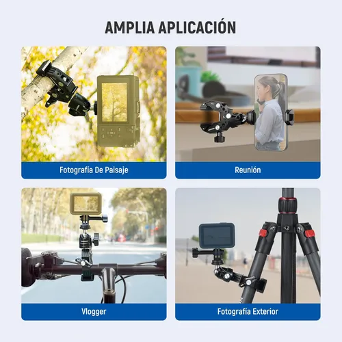 Vista 7 de NEEWER Super Clamp con Brazo Mágico de Cabeza Esférica Doble de 3", Zapata Fría, Roscas de 1/4", Adaptador de Montaje para Cámara de Teléfono/Acción