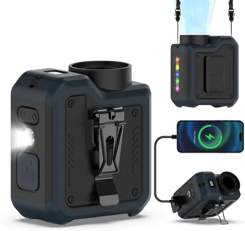 Vista 11 de Qerhod Ventilador turbo portátil 7 en 1, ventilador de cintura personal con clip, linterna manos libres y más, refrigeración potente, tiempo de Negro