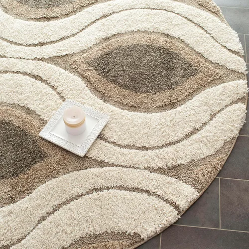 Vista 7 de SAFAVIEH Florida Shag Collection Alfombra de Área - Alfombra redonda de 5 pies, color crema y humo, diseño moderno Ogee, no desprende pelusa