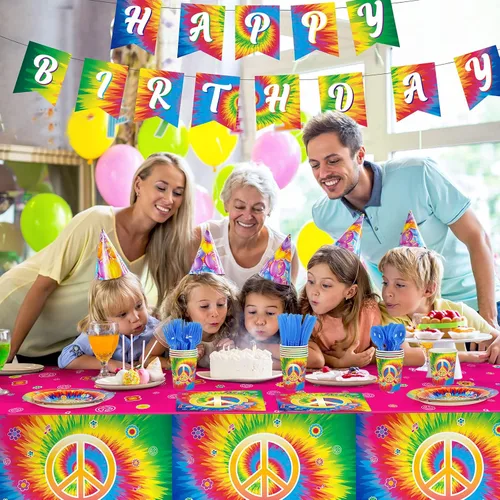 Vista 6 de 172 piezas de suministros para fiesta de cumpleaños de teñido anudado sirven para 24 personas y 60 años 60, decoración de fiesta temática hippie