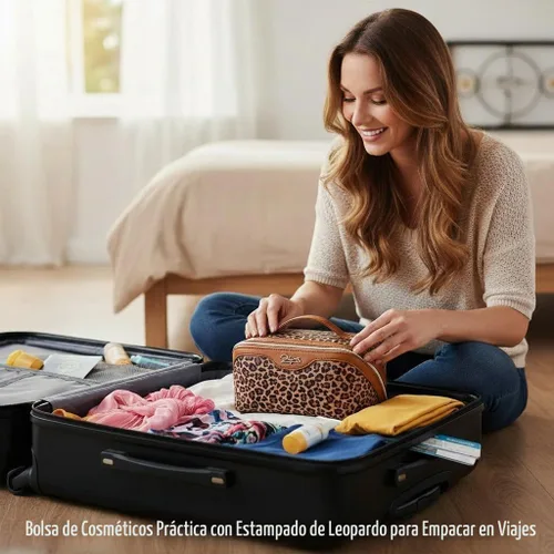 Vista 4 de BOYATU Bolsa de maquillaje de viaje para mujer: 3 en 1 modular con estampado de leopardo para viajes de 3 a 15 días - Neceser impermeable de cuero