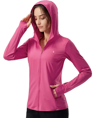 Vista 14 de Soothfeel Chaqueta con capucha y protección solar UPF 50+ para mujer, ligera, de manga larga, con bolsillo, para senderismo al aire libre d-celeste