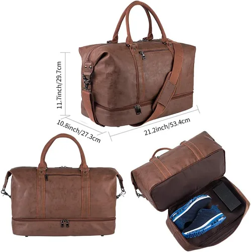 Vista 2 de Overnight - Bolsa de viaje de lona de cuero de gran tamaño para fines de semana bolsa de transporte grande para hombres o mujeres Marrón Clásico