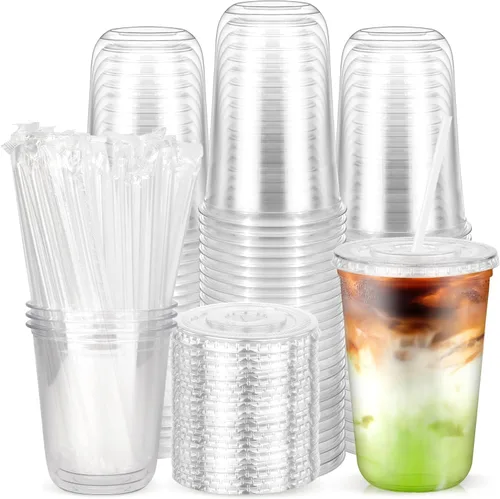 Vista 11 de 100 piezas de 12 onzas. Vasos desechables de plástico con tapas planas y popotes transparentes, vasos de fondo redondo para llevar café helado