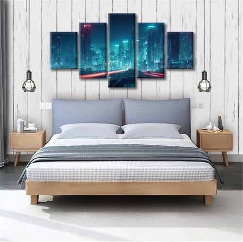 Vista 194 de Cuadros de 5 paneles de Cyberpunk City, arte de pared, representación de vallas publicitarias, edificios modernos en la capital con obras de arte