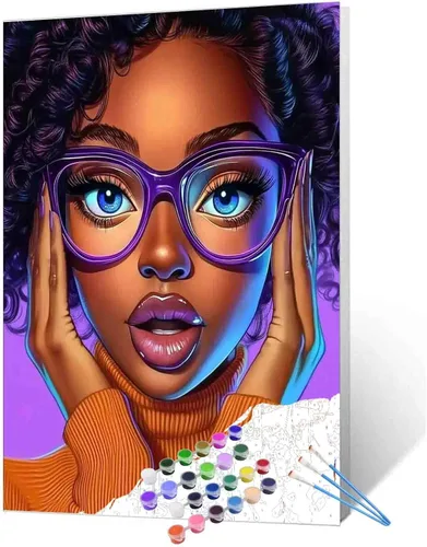 Vista 37 de Pintura de niña afro a la moda, kits de pintura por números, 16 x 20 pulgadas, lienzo de hojas tropicales, pintura al óleo para niños y adultos