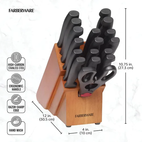 Vista 2 de Farberware Never Needs Sharpening - Juego de bloques de cuchillos de acero inoxidable de alto carbono con asas antideslizantes, 18 piezas