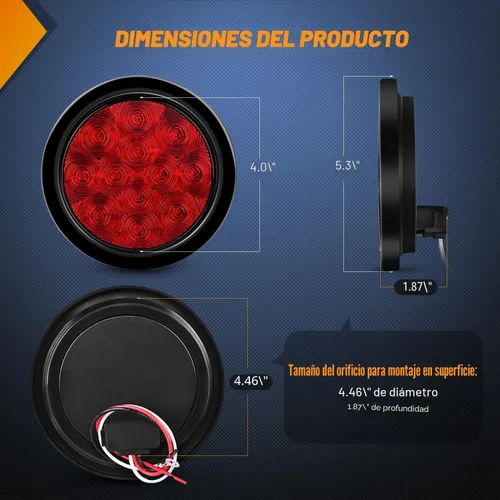 Vista 2 de Nilight - TL-18 2PCS Luces Traseras LED Redondas Rojas de 4" para Remolque con Enchufes de Ojales de Montaje en Superficie IP67 Luces de Parada Rojo