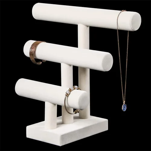 Vista 3 de Pangkeep Soporte de pulsera de 3 niveles, exhibiciones de pulseras para vender, soporte de exhibición de joyas beige para brazaletes, collares