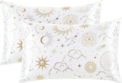 Vista 17 de EXQ Home - Funda de almohada de satén para cuidar el cabello y la piel, tamaño estándar, de seda con estampado negro, juego de 2 fundas con cierre