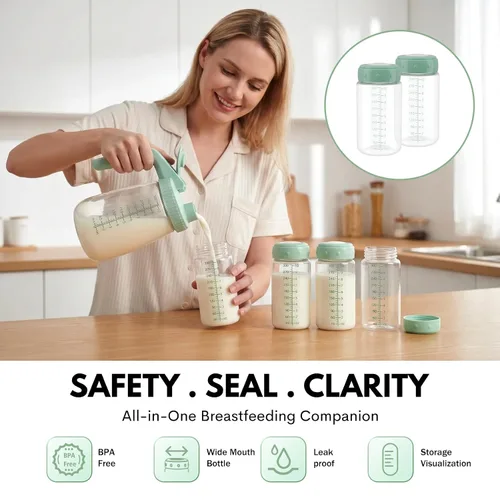Vista 4 de 2 botellas de almacenamiento de leche materna, botellas de espectro de cuello ancho sin BPA para bombeo, colección de almacenamiento de biberones