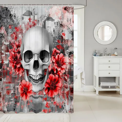 Vista 2 de Cortina de ducha con diseño de calavera de azúcar para niños y niñas, cortina de baño con rosas y rosas, decoración de habitación femenina