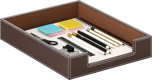 Vista 7 de Bandeja de cuero para cartas, elegante organizador de escritorio para suministros de oficina, correo, papel, archivo, revista, ahorro de espacio