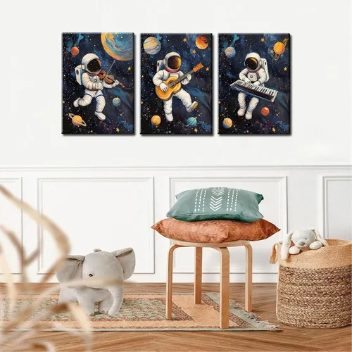 Vista 7 de 3 piezas de arte de pared de astronauta espacial musiic lienzo lindo astronauta músico decoración imágenes divertidas piano guitarra violín carteles