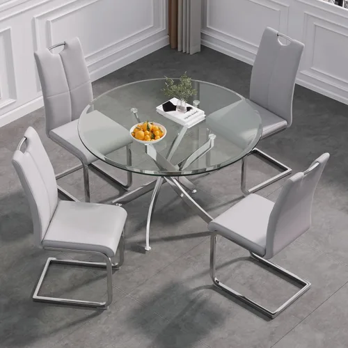 Vista 22 de Juego de mesa de comedor de cristal de lujo de 36 pulgadas para 2, mesa de comedor redonda moderna de 3 piezas con 2 sillas de comedor de cuero