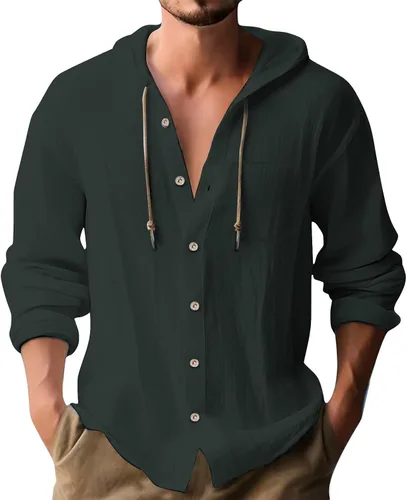 Vista 19 de Camisas de lino para hombre, casual, con botones, de verano, algodón, lino, con capucha, para playa, manga larga, con capucha