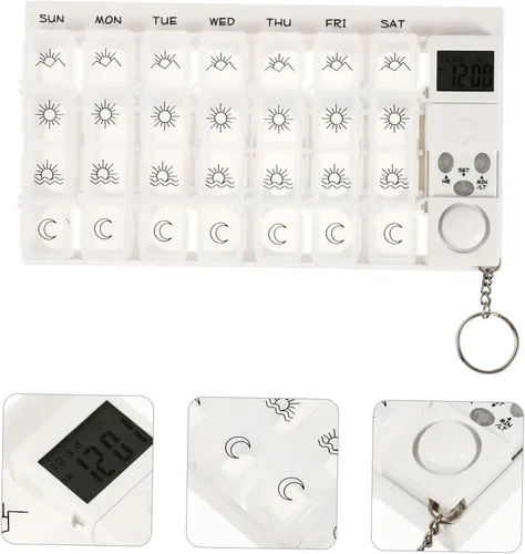 Vista 3 de 7 mini pastilleros reloj despertador de viaje Mini reloj despertador caja de bloqueo para contenedores de medicamentos 7 días caja de píldoras caja