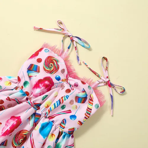 Vista 4 de Vestido de fiesta de caramelo para niñas, sin mangas, tirantes delgados, para niños, niñas pequeñas, juegos de mesa de tierra, vestidos de cumpleaños